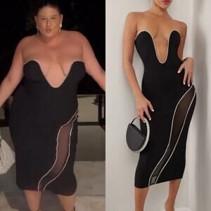 Heiress Beverly Hills Black Crystal Embellished Plunge Neckline Midi Dress XXL